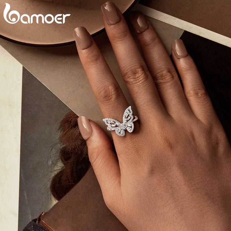 WOSTU 925 Sterling Silver Butterfly Ring Shining Ring Cubic ZirconiaAnniversary Gifts for Women Girl Fine Jewelry