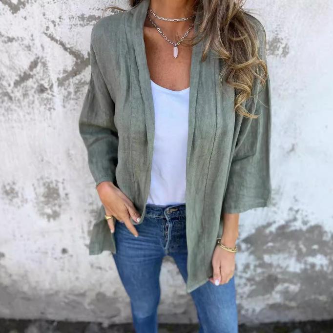 1116 European and American Autumn and Winter New Cardigan Solid Color Casual Loose Pocket Top Women
