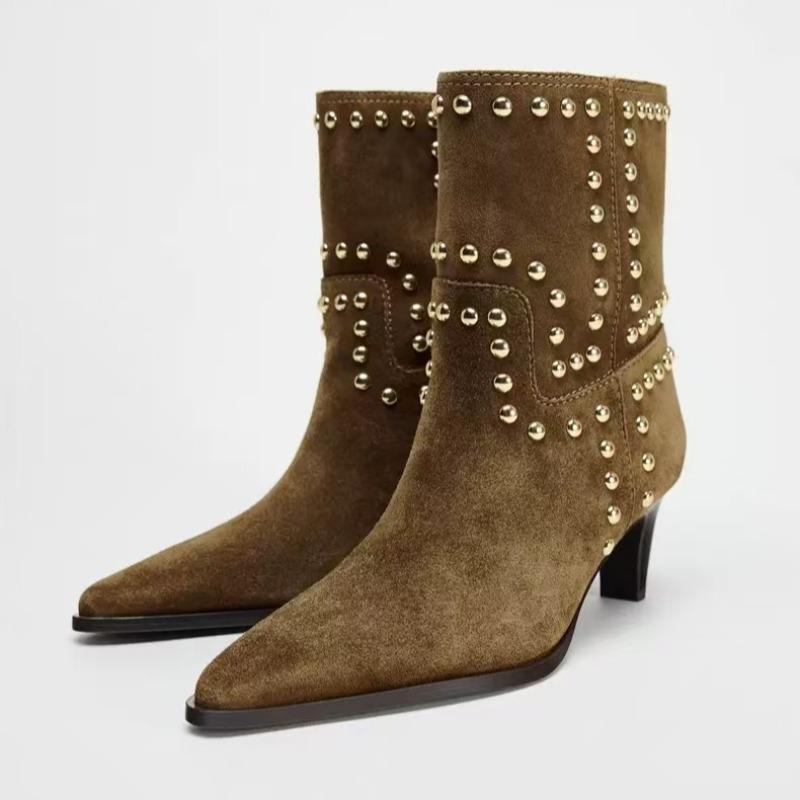 2025 Autumn and Winter Rivet Fashion High Heel Chelsea Boots Pointed and Nude Boots High Heels Stiletto Western Boots