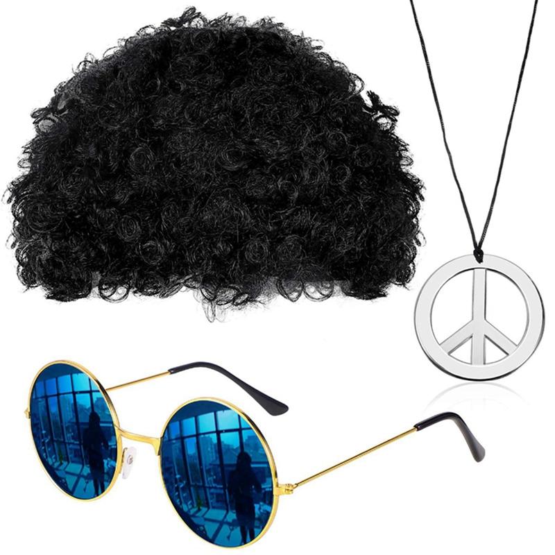 New Year Party Festival Hippie Suit Exaggerated Wig Sunglasses and Necklace 2/3/4 Piece Set Halloween Hip Hop Costume Suit
