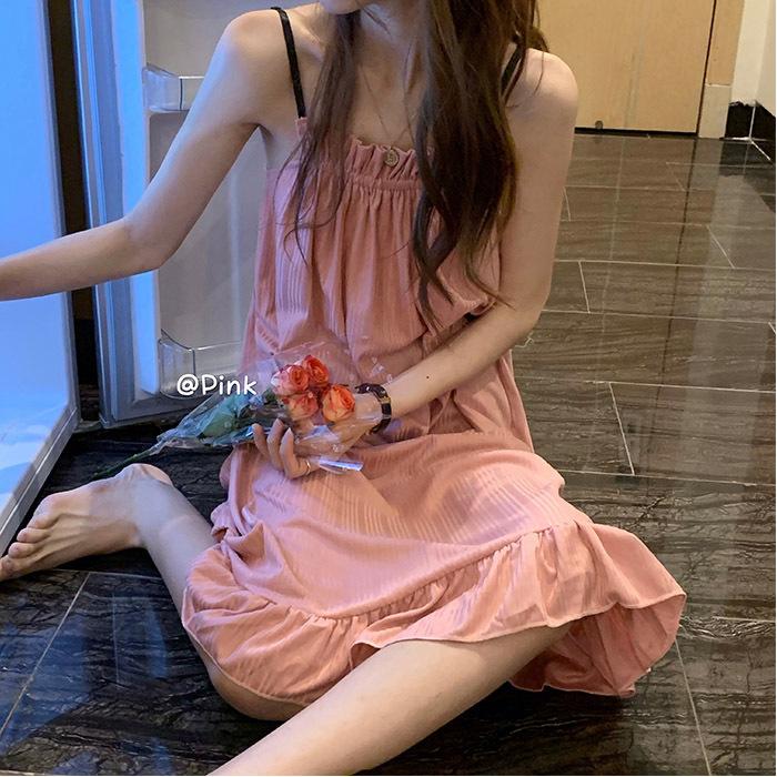 Mädchen Koreanischer Prinzessinnenstil Rüschen Einfach Süß Pyjama Damen Sommer Herbst Träger Mittellang Nachthemd Hauskleidung