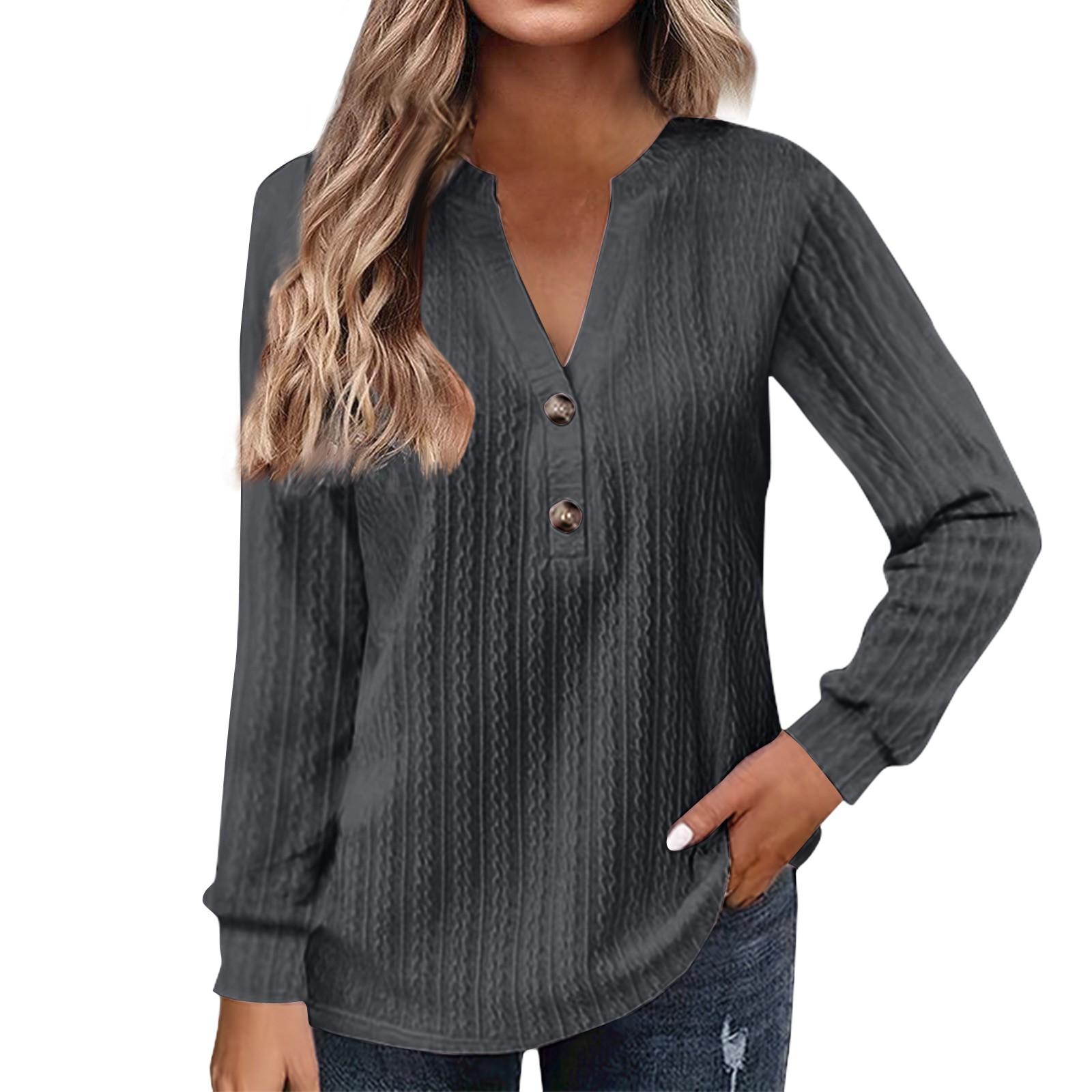 

Женская мода с длинным рукавом однотонная футболка с v-образным вырезом и пуговицами повседневный топ с принтом XXXXXL