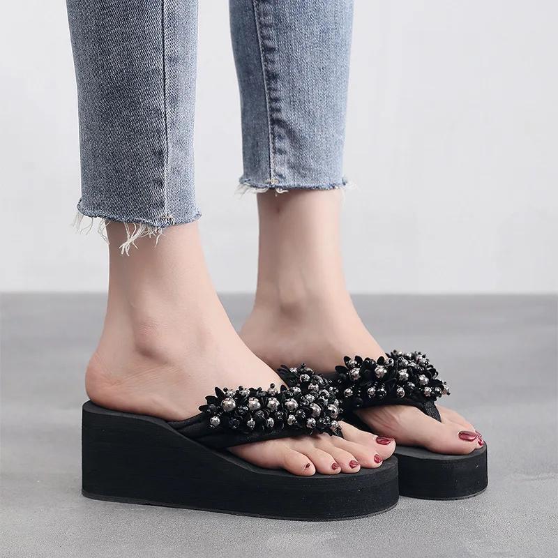Women's Flip Flops Fashion Wedges Platform Sandalias Luxury Pearl Decor Women's Slippers Outdoor Casual Beach Slippers for Women