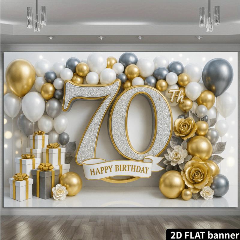 2D rovina 70. narozeniny luxusní pozadí dekorační látka se třpytivými diamanty, číslo „70“ + zlatá balónková dekorace
