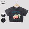 Honey Peach Letter Illustration Prints Cotton Crop Tees Summer Lace Hem Washed T-Shirts O-Neck Distressed Tops Casual Clothes