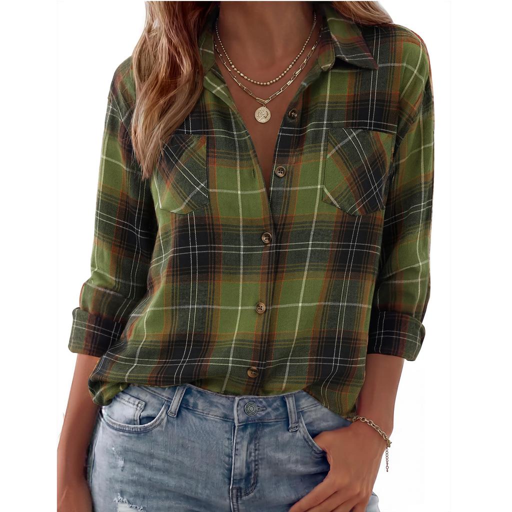 Women's Casual Plaid Long Sleeve Lapel Collar Cardigan Shirt