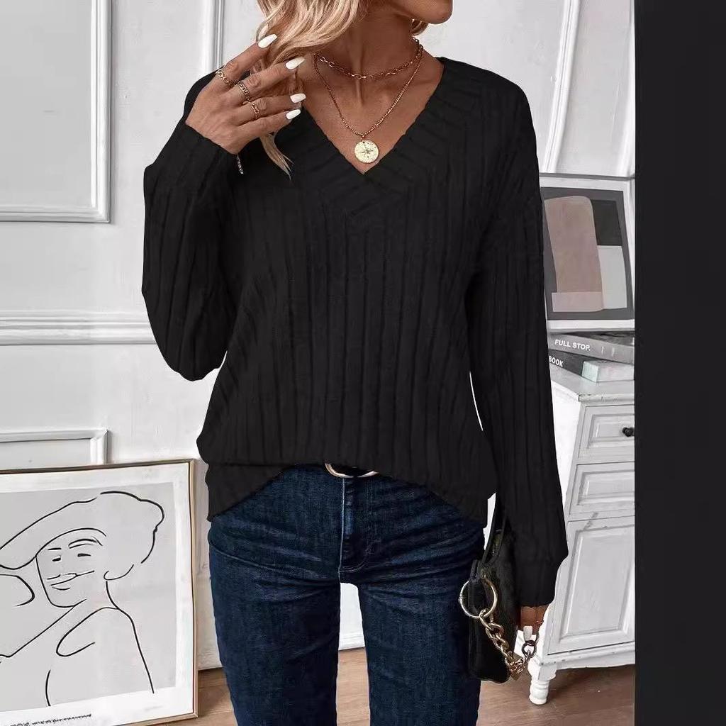 2024 European & American Autumn/Winter V-Neck Long-Sleeve Knitted Casual Solid Color Women's Top