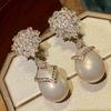 Fashion flower zircon dangle earrings with faux pearl pendant. Luxury bridal style for wedding and banquet occasions.