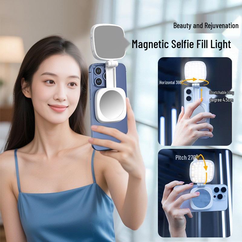 Luz de Preenchimento Magnética Portátil: Espelho dobrável para selfies e maquiagem para transmissões ao vivo e fotografia.