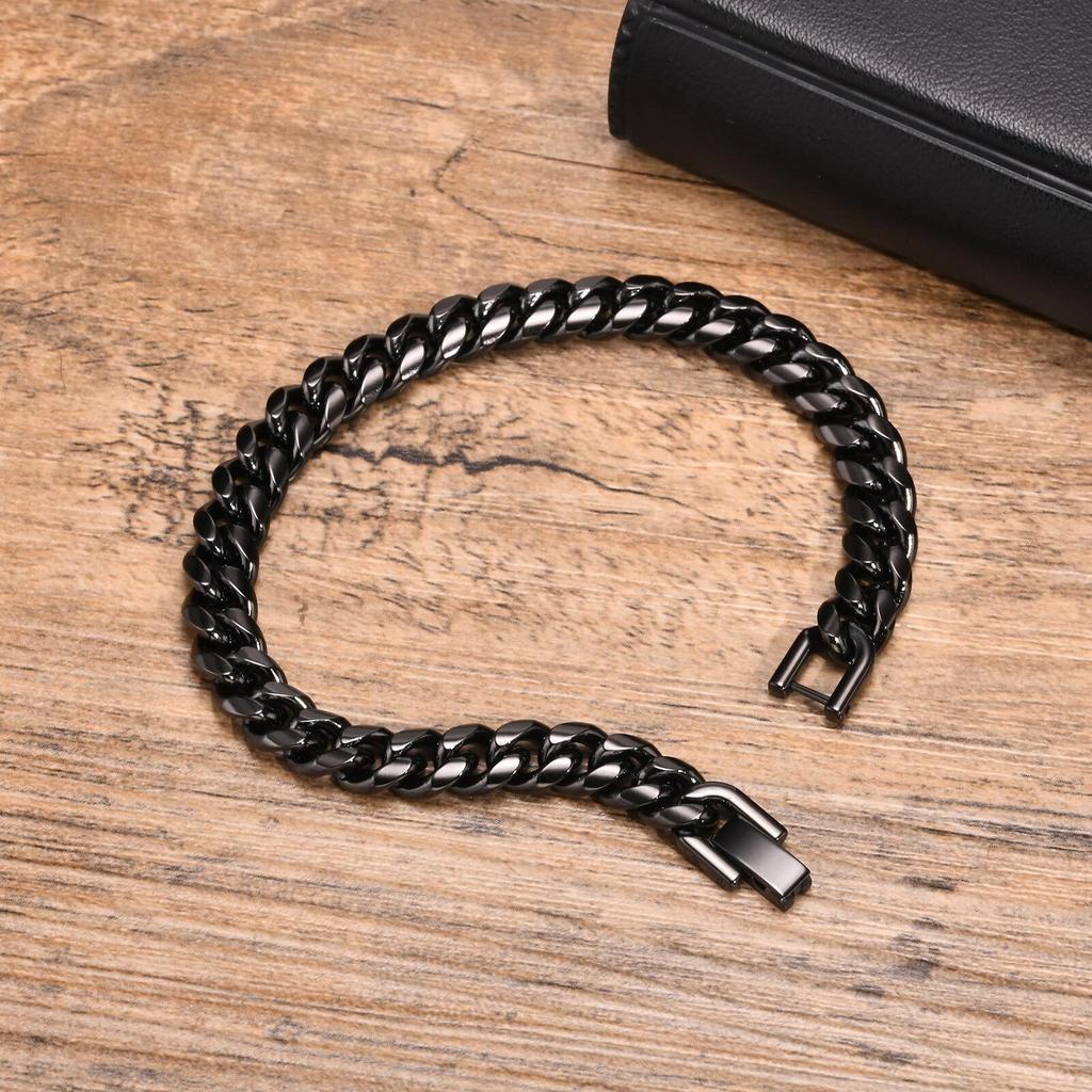 Black Miami Curb Chain Bracelet for Men,6-12MM Chunky Stainless Steel Cuban Link Chain Wristband,Stylish Punk Male Jewelry