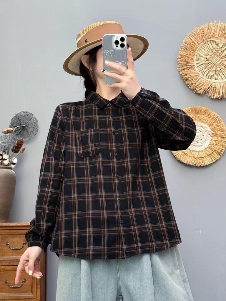 2025 Spring Women's Plaid Loose Casual Korean Style Academy Double Layer Gauze Long Sleeve Shirt