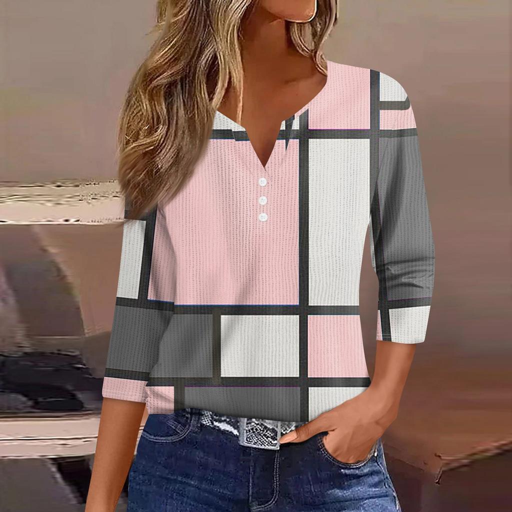 Women's T Shirt Tee Print Button 3/4 Sleeve Knit Sweater Daily Weekend Fashion Basic V- Neck Regular Top