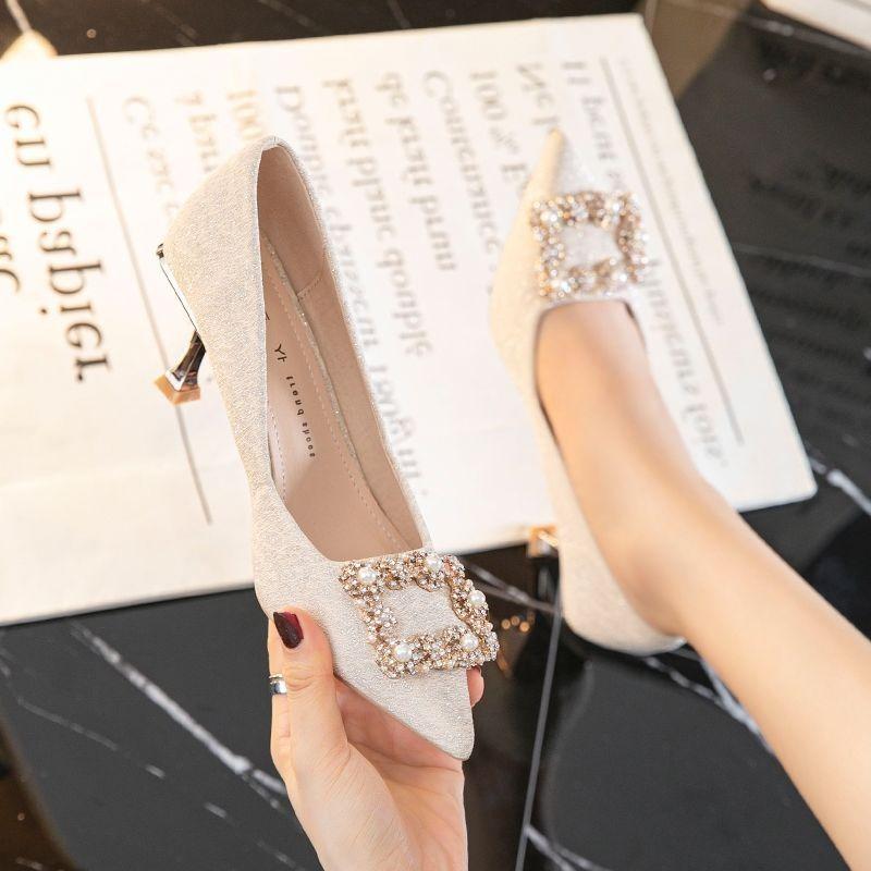 High Heels Women's Stiletto Niche Single Shoes Sequined Pearl Wedding Shoes Bridal Shoes with Wedding Dress