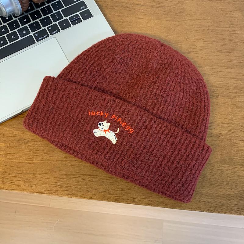 Cute Puppy Embroidered Knitted Wool Hat Children Autumn and Winter Versatile Big Head Circumference Showing Small Face Warm Bag Head Cold Hat