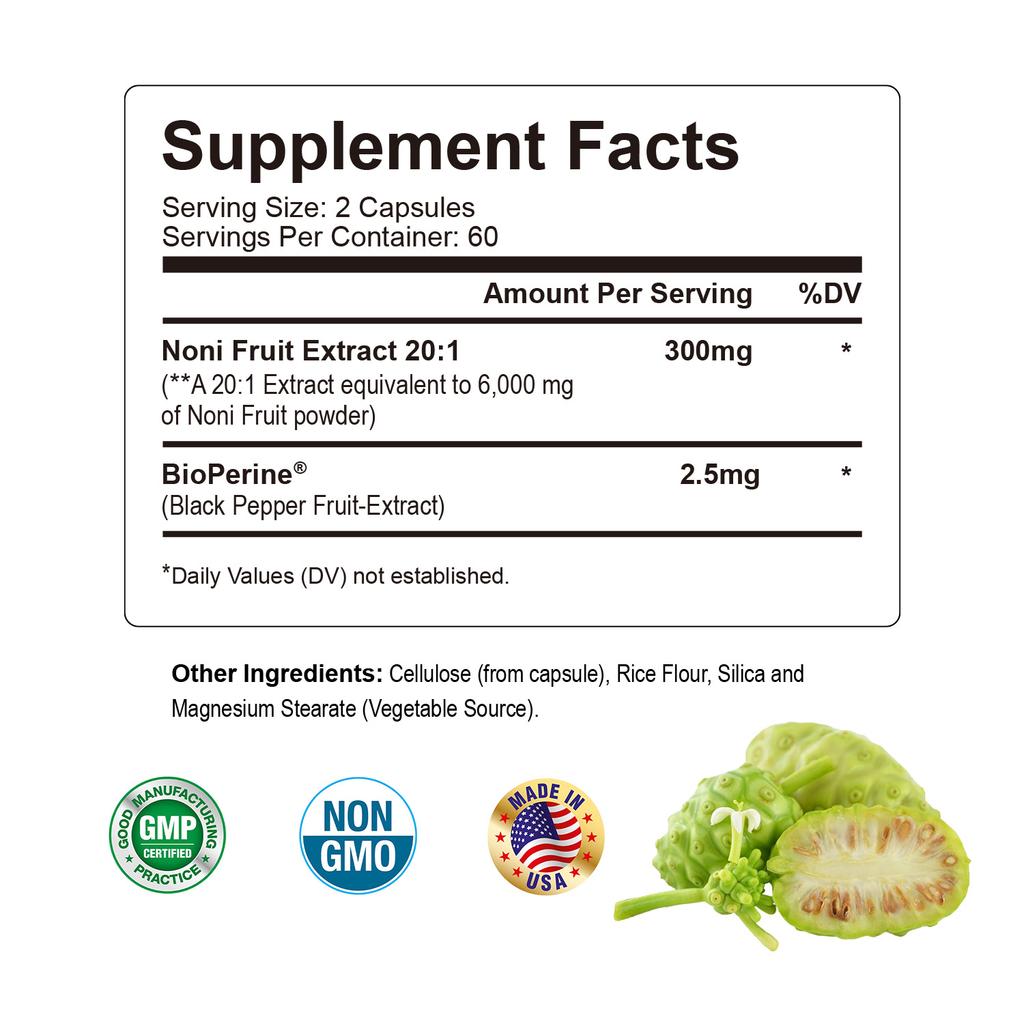 GREVIP Noni Fruit Extract Capsules, 6000 mg per serving, easily absorbed, suitable for adults.