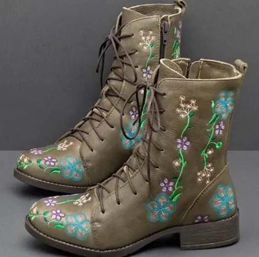 Fashion Woman Ankle Boots Embroidery Big Size 43 Flower Boots 2025 Women Autumn Winter Lace Up PU Leather Female Footwear Ladies Shoes
