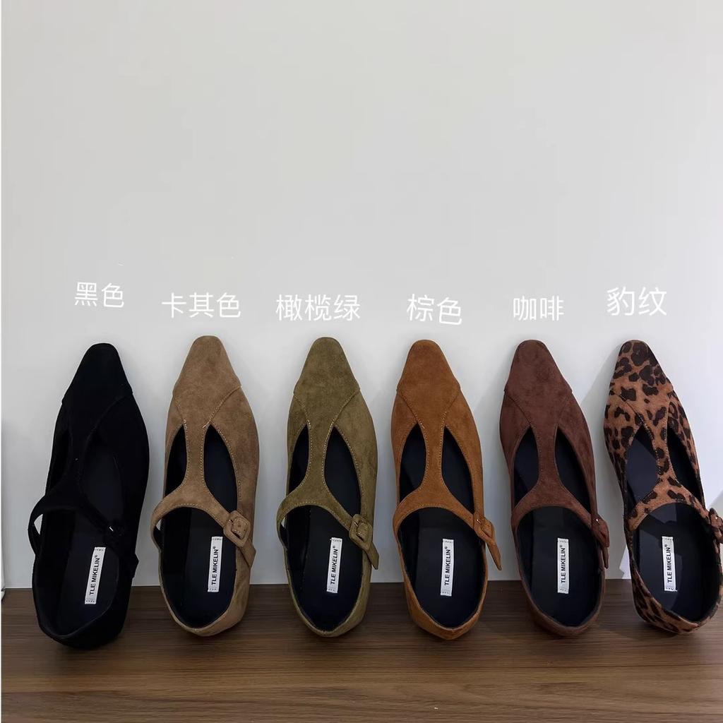 Flat-bottomed Suede Leopard Print Pointed Single Shoes Women's Shoes 2025 New Summer with Skirt Mary Jane Black Commuter Shoes