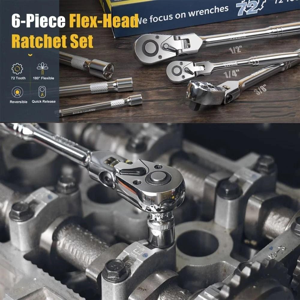 72 Tooth Flex Head Ratchet Set Rubber Grip Adjustable Swivel Head Ratchet Wrench Flex Head Design 180° Adjustable Ratchet Wrench