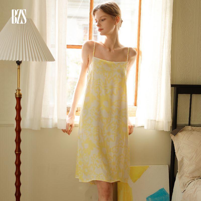 

2024 Summer Thin Pajamas Cool Satin Cotton Silk Mid Length Long Length Sweet Home Wear Skirt Warm Yellow Slip Nightdress Women Slip Skirt XL [recommend 67.50 kg-77.50 kg]]