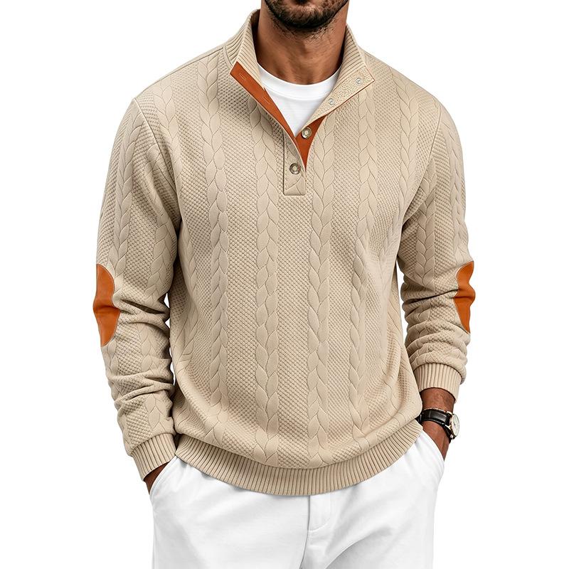 Men’s Heavyweight Jacquard Casual Button-Patch Stand-Up Collar Henry-Neck Long-Sleeved Sweatshirt