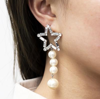 Fashion Earrings Hollow Five-pointed Star Pearl Asymmetrical Drop Earrings