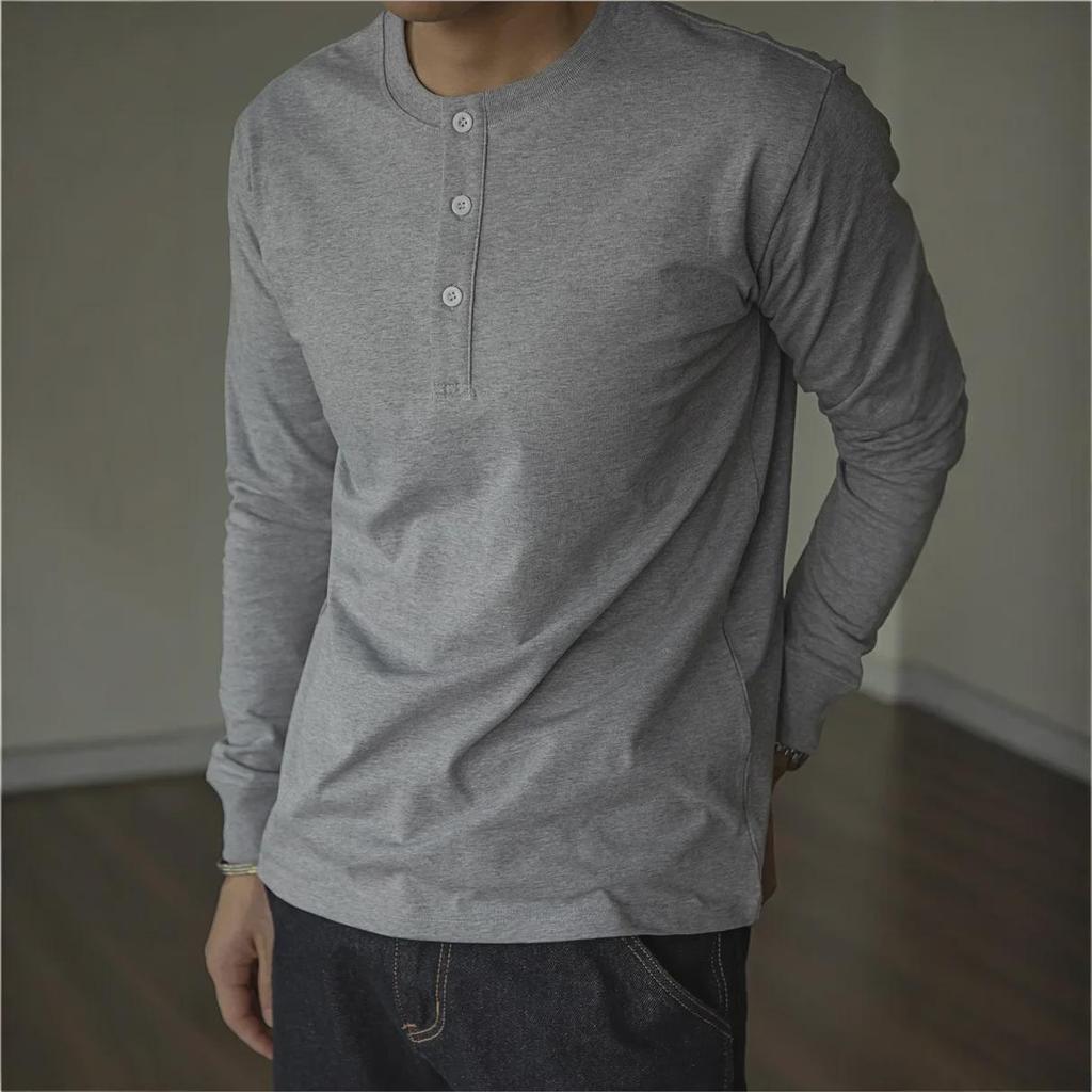 Men's Slim Fit Khaki Henley: 320g Cotton, Long Sleeve, Retro Style for Autumn