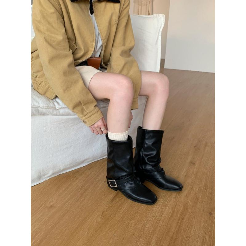 

Retro square head thick heel 2025 autumn and winter mid-tube boots women s fashion buckle square head women s short boots thin women s boots 39 чёрный