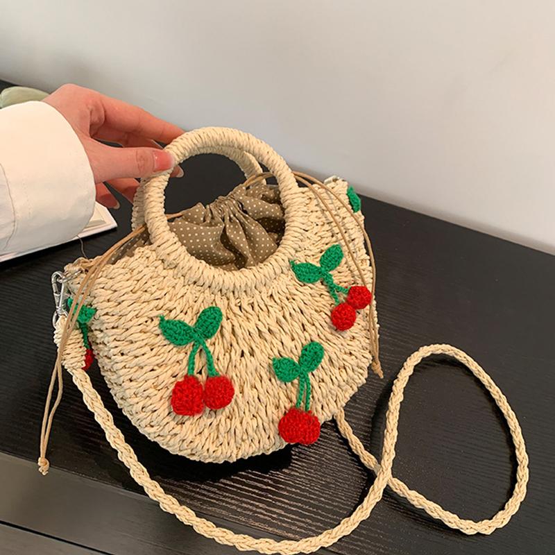Yogodlns Bolsa de Palha Cereja Feminina Bolsa de Mão Tecida à Mão Formato de Lua Bolsa de Rattan Grande Capacidade Cordão Casual Bolsa de Ombro Cruzada para Praia