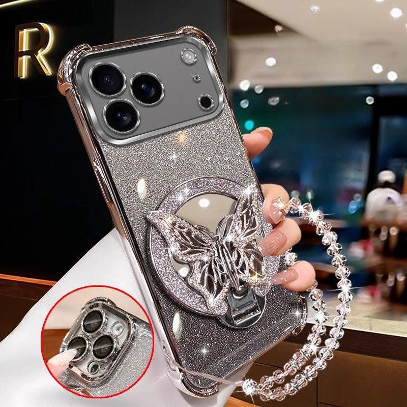 

Блестящий браслет-кристалл с зеркалом-бабочкой для IPhone 17 Air 16 16E 15 14 Plus 13 12 11 Pro XS Max XR X Противоударный чехол iPhone 12 серебряный