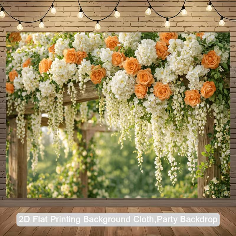2D Printed Backdrop with Orange Roses, White Flowers and Wooden Arbor