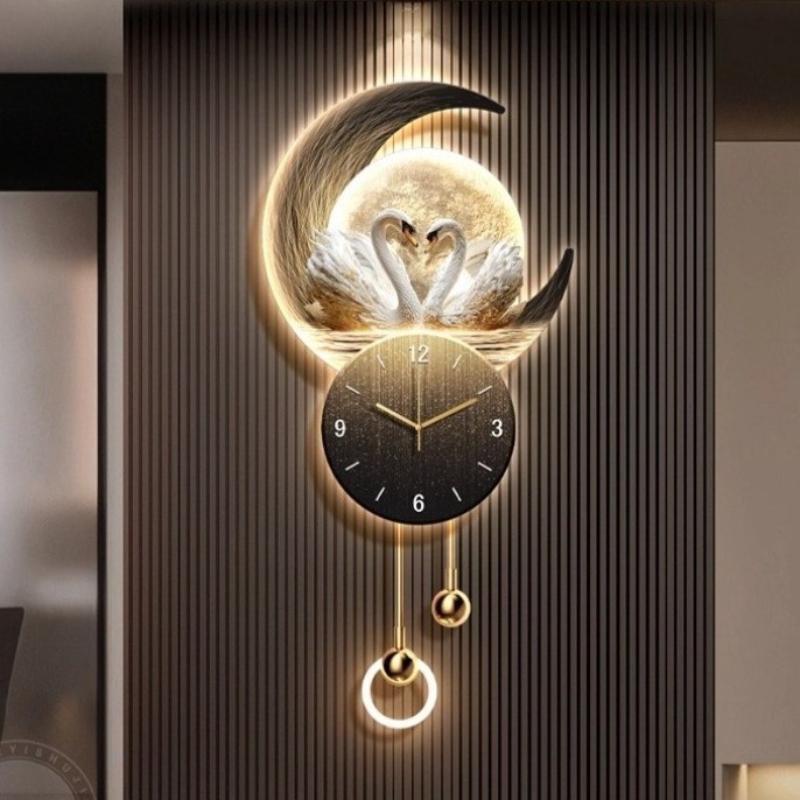 Nordic Living Room Swan Wall Clock Villa LED Digital Clock Restaurant Mute Quartz Clock Luxury Corridor Mural Watch Home Decor