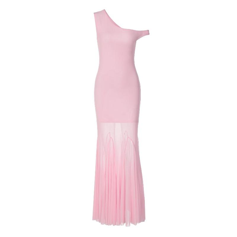 Women's Summer New Fashion Sexy Babes Slanted Shoulder Pleated Mesh Stitching Perspective Dress Women