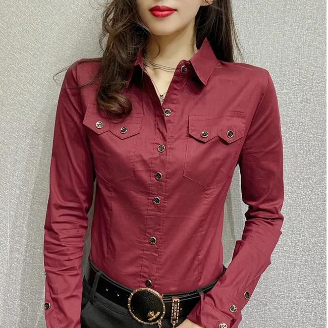 Spring Women's Long Sleeve Green Shirts Autumn Office Lady Pocket Blouses Women Button Up Tops