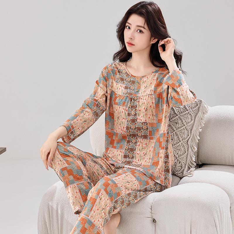 Yini shirt human cotton and silk long-sleeved pajamas women's explosive women's loungewear summer long-sleeved human cotton set clearance treatment