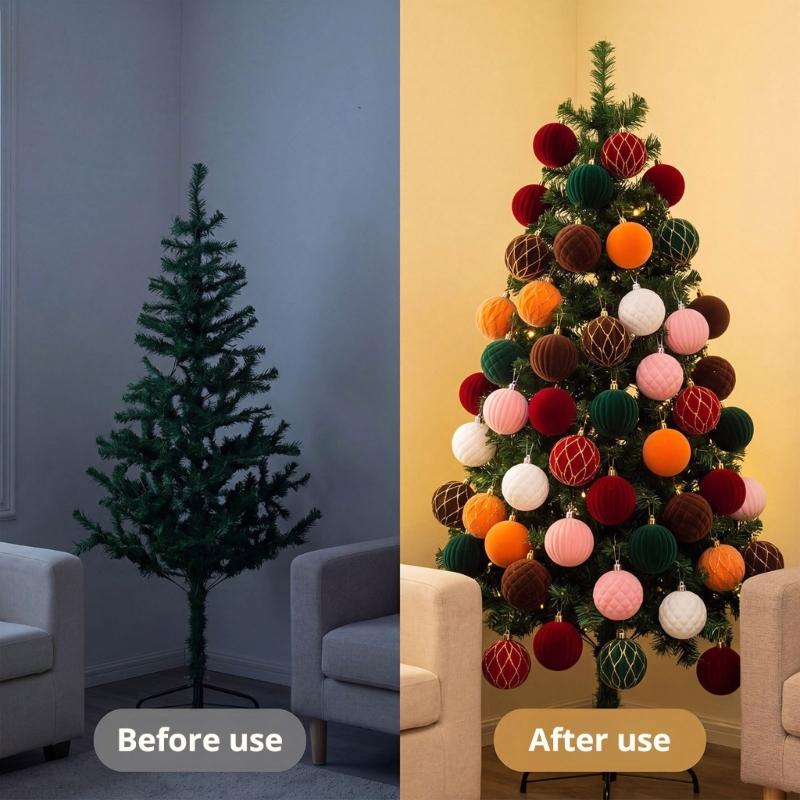 24Pcs Sparkling Velvety Christmas Ball Decorations Shatterproof Decorative Baubles Ornament for Christmas Tree Mantels