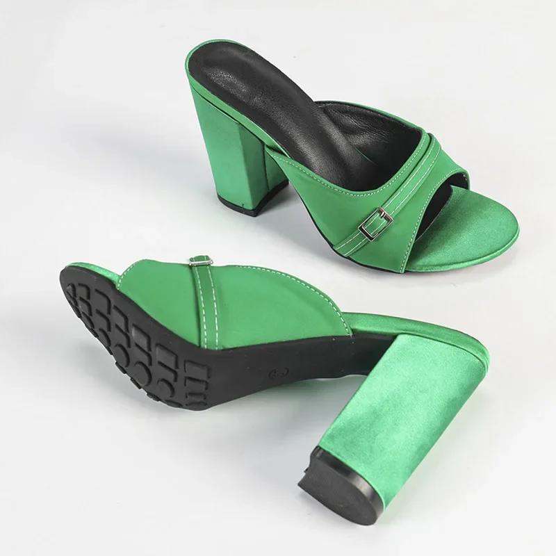 Fashion Chunky High Heel Slippers Women Sexy Open Toe Slide Sandals 2025 Summer Elegant Green Satin Non Slip Platform High Heels