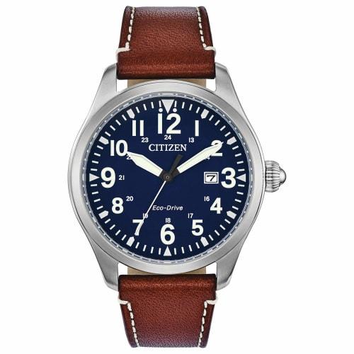 

CITIZEN Eco-Drive Chandler BM6838-17L Men s Military Analog Solar Watch with Navy and Brown Leather Strap, Overseas Model