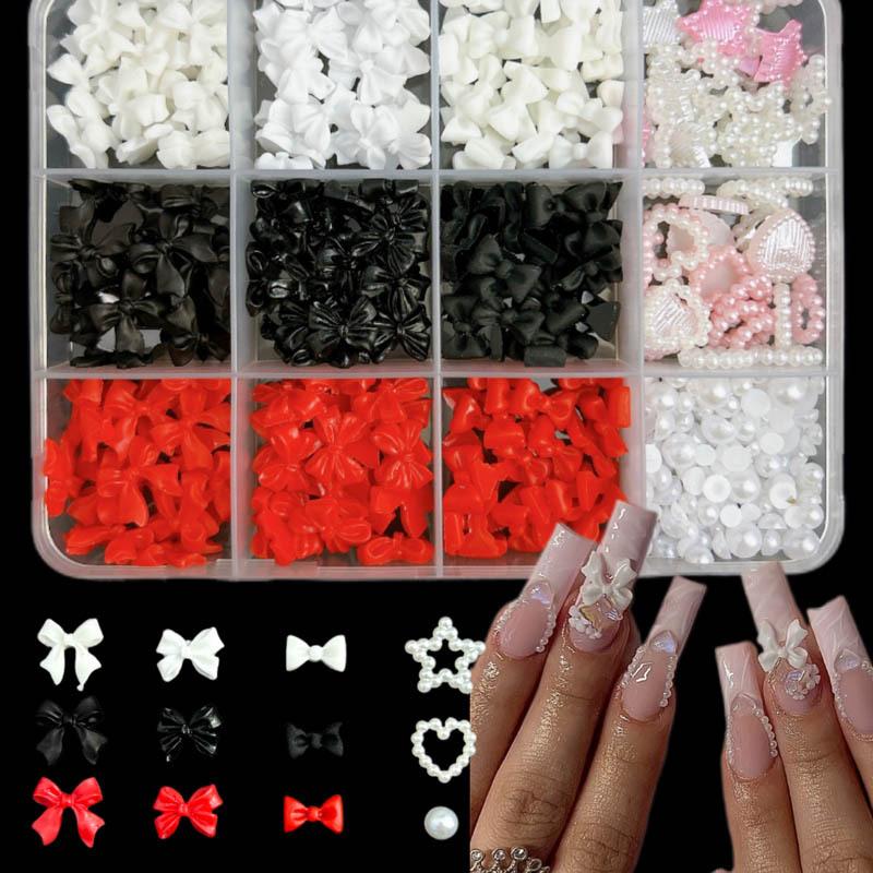 12Grids/Box Mixed Resin Bowknot Nail Art Decorations 3D Charms Kawaii Colorful Bow  Diy Manicure Tools Parts