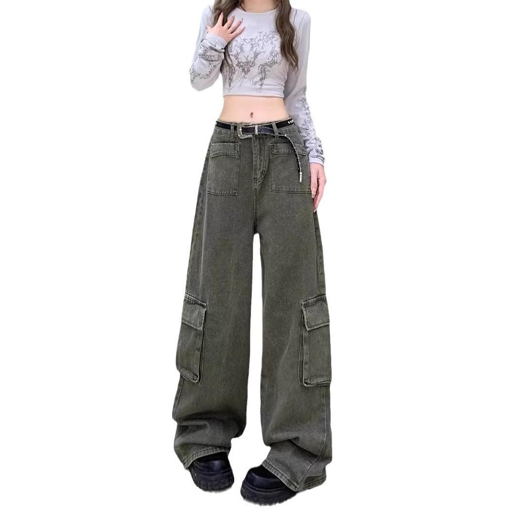Women's High Waist Retro Military Green Wide-Leg Denim Pants, Plus Size, Autumn/Winter.