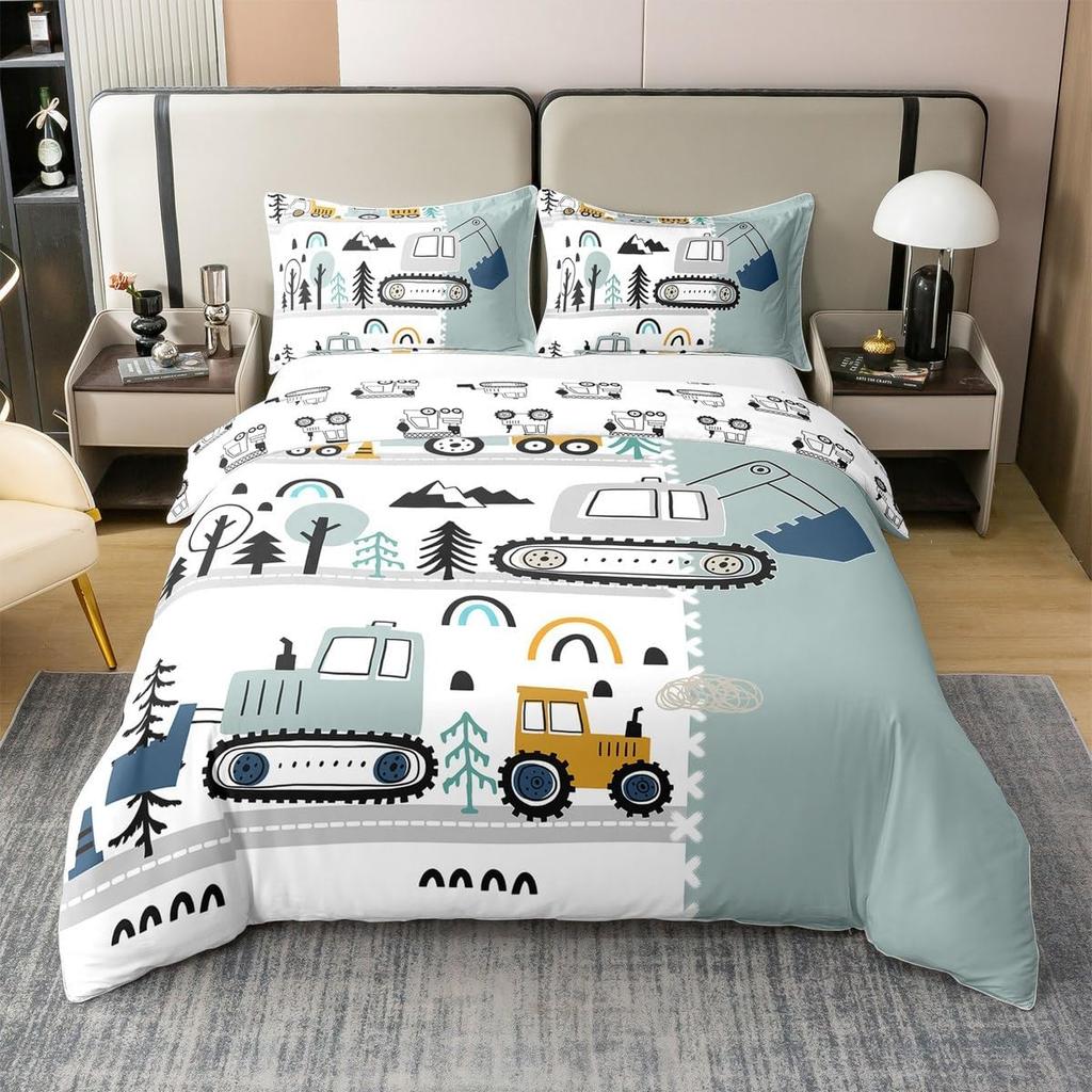 Cartoon Camping Excavator Duvet Cover Set King Size Luxury Truck Bedding Set Camping Essentials 3 Piece Set With 2 Pillowcases