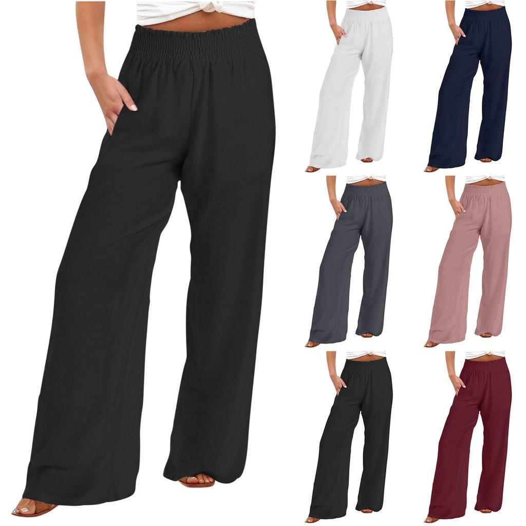 Pantalones de Pierna Ancha para Mujer Casual Femeninos Cintura Alta Elástica Lisos Largos ARJ-001