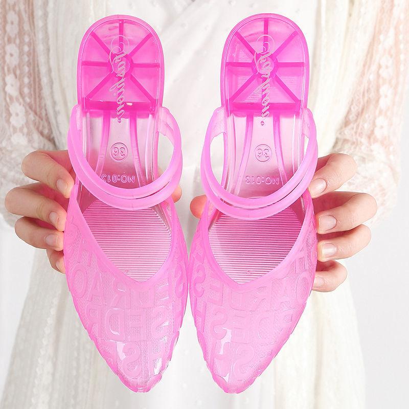 Fashion FHC New Women Beach Shoes,Crystal Sandals,Jelly Summer Low Heels,Pointed Toe,Two Wearings,Blue,Purple,Pink,Green,Dropship