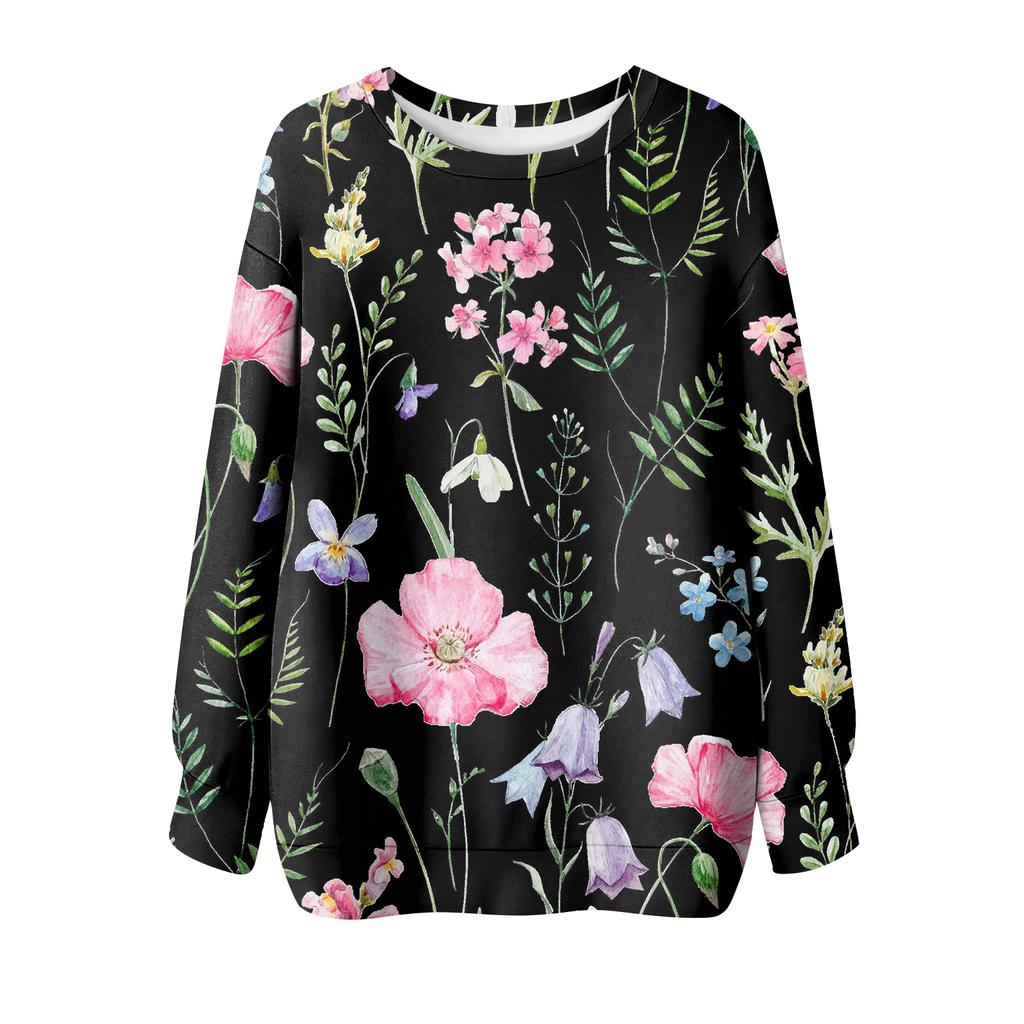 Women's Floral Print Round Neck Long Sleeved T-shirt Sweatshirt Top