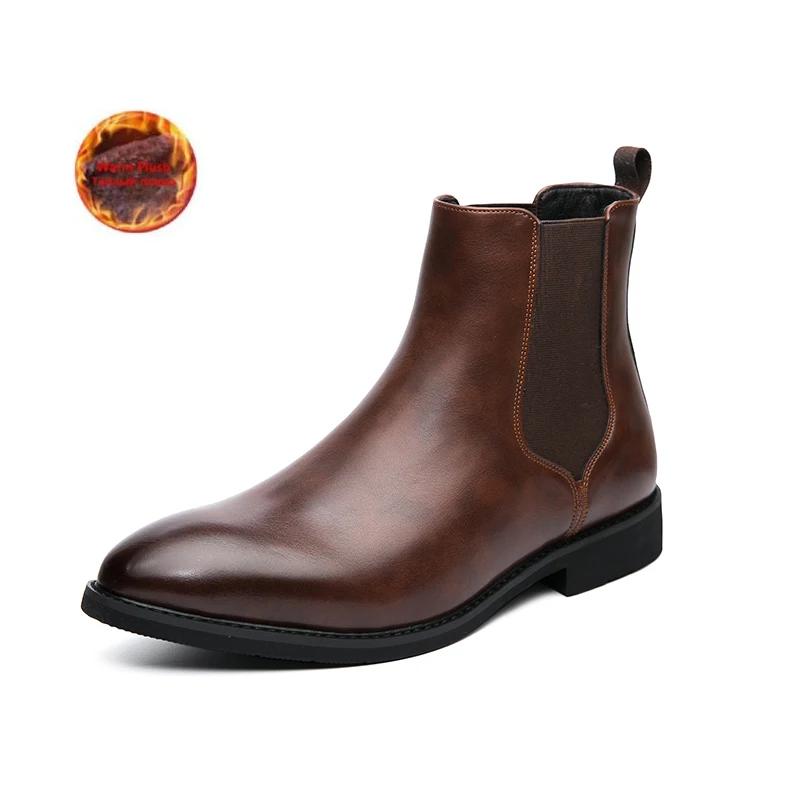 Brand Leather Men Chelsea Boots Designer Italy Dress Boots Men Fashion Casual Warm Plush Business Ankle Boots Big Size 47 48