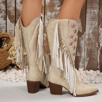 Autumn and Winter New Western Boots Fringed Solid Color Pointed Thick Heel High Heel Fashion Boots Long Women's Boots
