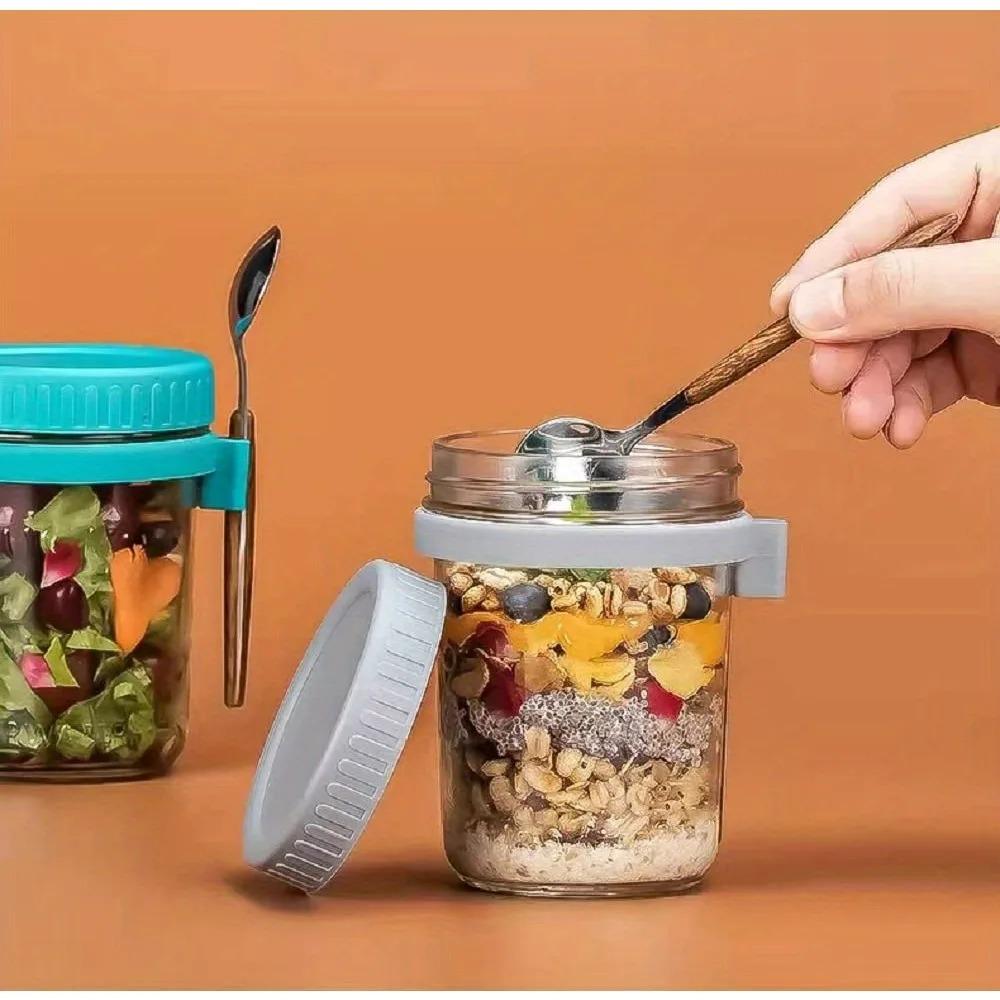 Tazza da avena notturna da 350 ml in vetro con coperchio e cucchiaio, guarnizione per alimenti, tazza per la colazione, portatile, per cereali, latte, insalata, yogurt, articolo da cucina