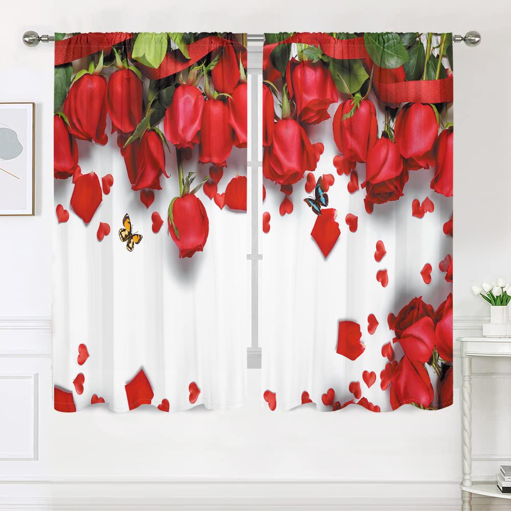 2 Stück, rote Rosenvorhänge -30% Verdunkelung - geeignet für Wohnzimmer, Schlafzimmer, Valentinstag Heimdekoration