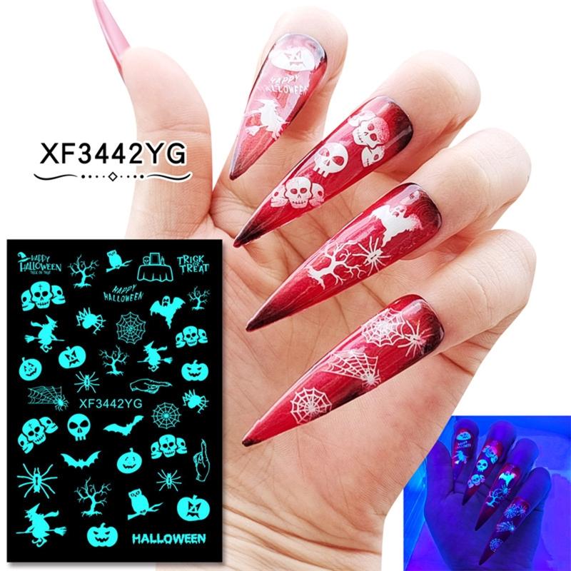 12sheet Luminous Halloween Nail sticker Fluorescent Stickers Glow In The Dark Self Adhesive Halloween Nail Art Stickers