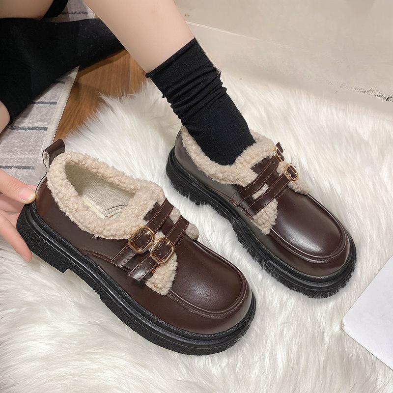 Loafers Women's Fall/Winter 2026 Warm Fleece First Layer Cowhide Women's Shoes Lamb Wool Low-Top Fashion Small Leather Shoes
