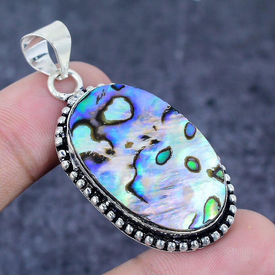 Natural Abalone Shell Gemstone 925 Sterling Silver Jewelry Pendant 2.05" U4g23